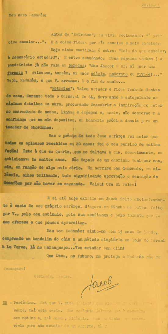 Carta de Jacob para Radamés Gnatalli falando sobre a Suite Retratos em 23.10.1964